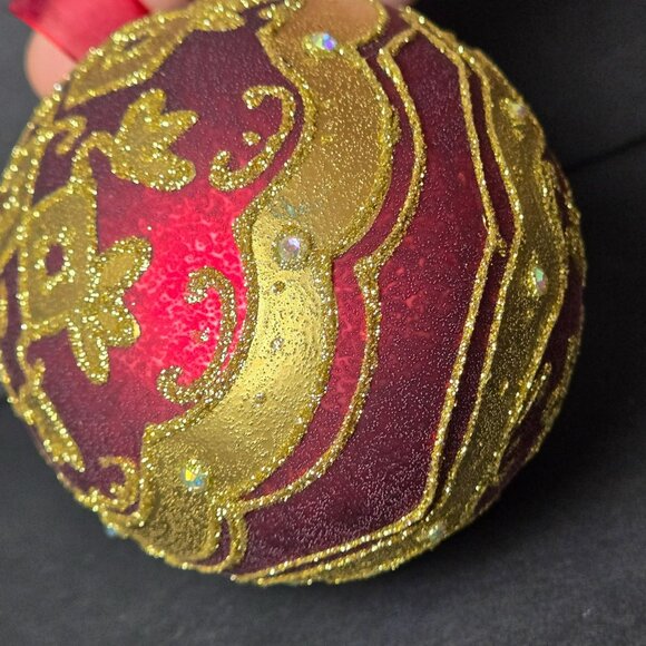 Frontgate Burgundy Gold Glass Christmas Ornament 5" Glitter Scroll Jeweled Egg - Picture 5 of 8